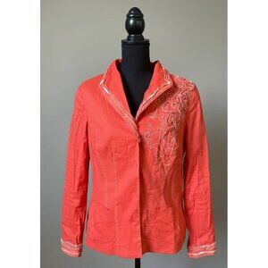 Coldwater Creek Size 12 Coral Linen Blend Blazer - Floral Embroidery & Rosettes